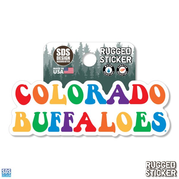 Rugged sticker with the words “Colorado Buffaloes” in bold rainbow-colored bubble letters.